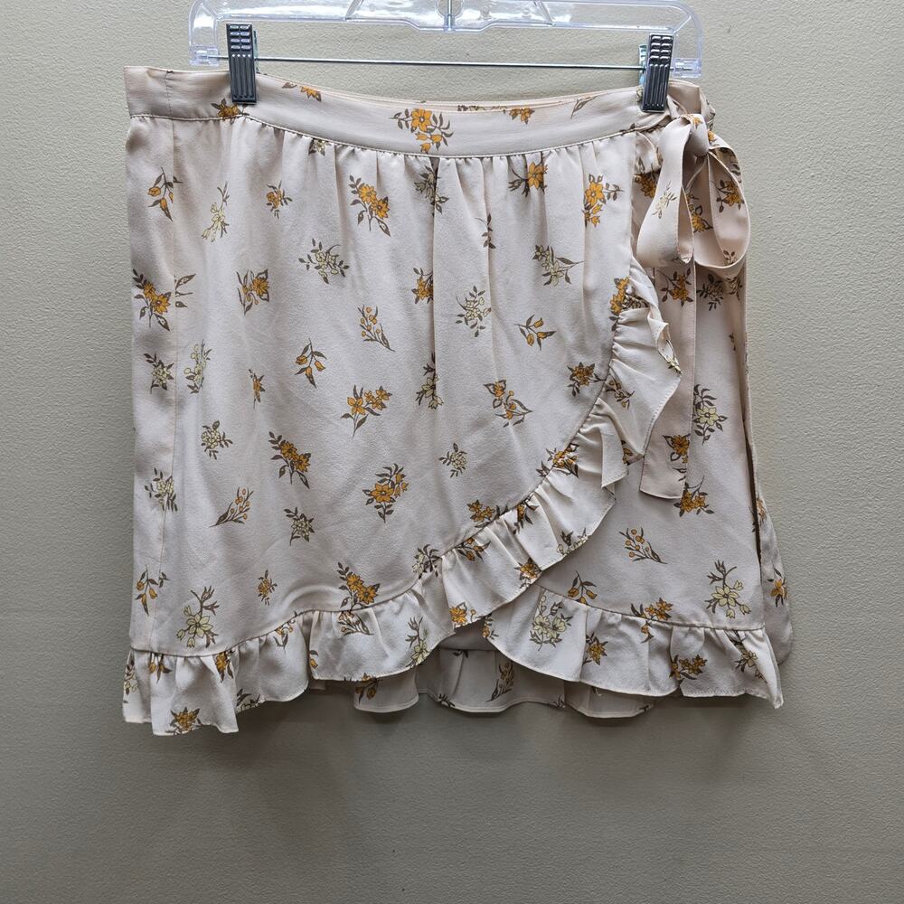 Madewell Meadow Silk Tie Waist Wrap Skirt Ruffle Field Bouquet Boho Beige SZ 8